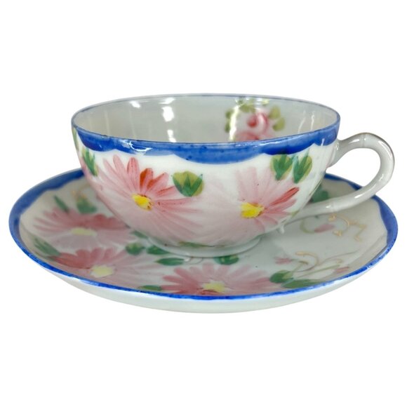Unbranded Other - Vintage Japanese Hand Painted Tea Cup And Saucer Pink Blue Floral Porcelain Set